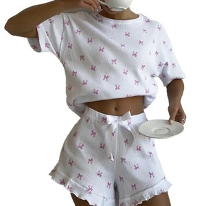 Summer Cute Bow Print Short Sleeve Ruffle Shorts Two Piece <b>Pajama</b> Set Women - Product Image 1
