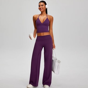 Conjunto OEM personalizado de 2 piezas para mujer: Top corto de un solo hombro o sin hombros y pantalones de cintura alta de pierna ancha con control de abdomen y antibacterianos - Product Image 6