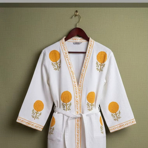 Peignoir long en coton gaufré blanc, imprimé à la main, style kimono, pour spa, maison, hôtel, plage, pour femmes et hommes, vente en gros, personnalisable pour femmes - Product Image 1
