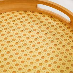 Premium Bamboo Serving Tray with Cane Weave Base <b>Round</b> Tray for Home Decor Serving - Product Image 2