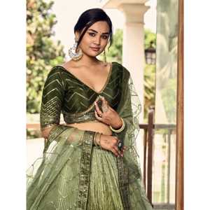 Magnifique Lehenga Choli en chinon vert à paillettes, semi-cousu, vêtements Zeel, tenue Mehendi - Product Image 5