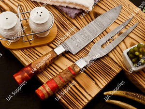 Lot de 2 couteaux de chef et fourchettes en acier Damas forgé à la main, pour découper le brisket, découpeur-trancheur pour barbecue extérieur, manche en bois d'olivier, OEM, faibles MOQ - Product Image 5