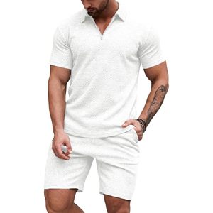 2025 hommes décontracté à manches courtes Polo Shorts ensemble couleur unie géométrique Texture 2 pièces tricoté tenues été survêtements - Product Image 3