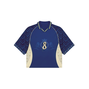 Maillot de football personnalisé pour homme, bleu, imprimé géométrique, numéro 8 Mueller, manches courtes, respirant, en polyester, vêtements de sport - Product Image 2