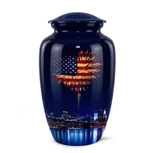 Urna Funeraria para Cenizas Humanas con Diseño de Fuegos Artificiales y Bandera Estadounidense, Azul Medianoche Brillante, Metálica, para Adultos - Product Image 1