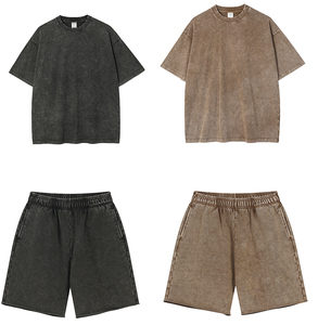 Men's Garment Dyed Cotton <b>T</b>-<b>Shirt</b> & Shorts Set Crew Neck Solid Color Casual Summer Wear Oversized Knitted Fabric 280g Short Set - Product Image 1