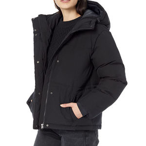 Veste matelassée noire à capuche avec fermeture éclair, coupe-vent, épaisse, pour l'hiver, coupe classique, couleur unie, rembourrage en polyester, style décontracté - Product Image 2