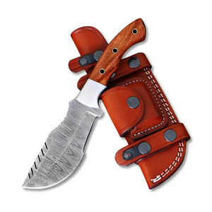 มีดแทรคเกอร์เหล็กดามัสกัสทำมือแบบเต็มด้ามยี่ห้อ Burraq พร้อมปลอกหนังและไม้ ของขวัญวันครบรอบ สำหรับกิจกรรมกลางแจ้งและตั้งแคมป์ รับผลิตตามแบบ OEM - Product Image 1