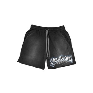 Shorts pour femmes en coton polyester French Terry 320 GSM, noir délavé, impression puff, logo personnalisé, coupe décontractée - Product Image 1