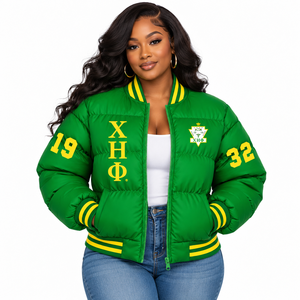 Veste matelassée personnalisée Chi Eta Phi Sorority avec logo brodé sur le devant, couleur verte et jaune, manches longues, pour femme - Product Image 1