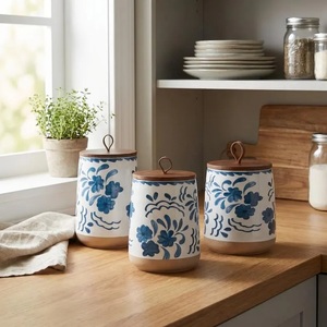 Elegant Ceramic Canister Set Wooden Lid Floral Motif Airtight <b>Kitchen</b> <b>Storage</b> Jars Artisan Countertop Organizer - Product Image 2