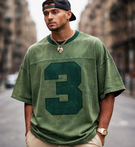 Customized Letter Men's T-Shirt Yarn Dyed Knitted <b>Acid</b> Wash Print Vintage Heavyweight Cotton 180g Loose Streetwear <b>Drop</b> Shoulder - Product Image 3