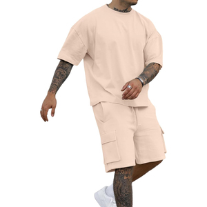 Conjunto de camiseta y pantalones cortos casuales de verano para hombre, de color sólido, cuello redondo, manga corta, con pantalones cortos tipo cargo, transpirable, tejido, 100% algodón - Product Image 3