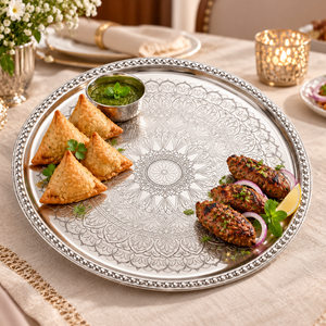 Assiette de service ronde Rajwada en acier inoxydable, assiette à dîner, plateau floral en relief pour fête, mariage, table - Product Image 3