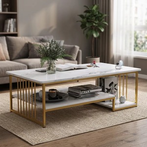 Mesa de Centro Moderna y Sencilla de Estilo Nórdico con Superficie de Mármol Sintético y Combinación de Mueble para TV, Fácil de Limpiar - Product Image 4