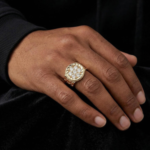 Luxury Gold Round Flower Cluster <b>Ring</b> <b>Men</b> Large CZ Diamond Statement Signet <b>Ring</b> Twisted Border Hip Hop Jewelry <b>for</b> <b>Men</b> - Product Image 3