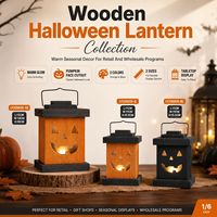 Lanterne Citrouille d'Halloween en Bois en Gros avec Lumière LED Chaude, Décoration de Table ou Suspendue pour Magasins de Détail