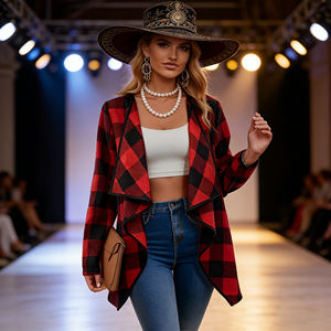 Offre spéciale sur le cardigan ouvert pour femme Temu, à carreaux rouges et noirs, col cascade, manches longues, pour un usage quotidien et une mode urbaine. - Product Image 5