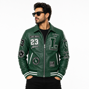 Custom Green <b>Leather</b> Varsity <b>Jacket</b> for <b>Men</b> Embroidered Letterman Bomber <b>Jacket</b> with Chenille Patches OEM ODM Bulk Manufacturer - Product Image 1