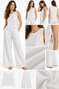 Luxury Casual Summer Woven Cotton Co-ord Set-White Side Tie Top and Loose Fit <b>Wide</b> <b>Leg</b> <b>Trousers</b> Two Piece Solid - Product Image 4