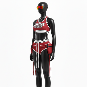 Women <b>Bikini</b> Set Polyester Spandex Stretch Red <b>White</b> Panel Sport Top High Waist Pocket Bottom Custom Logo women for <b>Bikini</b> Set - Product Image 4