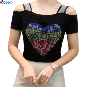 Custom Color Women Flower Rhinestone Off Shoulder Shiny <b>Sequined</b> Clothes Tee Tops Breathable Short Sleeve <b>Shirts</b> Party <b>T</b>-<b>shirt</b> - Product Image 6