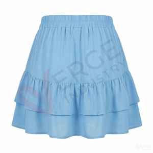 Women's Light Blue <b>Elastic</b> <b>Waist</b> Chiffon Mini <b>Skirt</b> Solid Color Ruffled Tiered A Line Skort - Product Image 2
