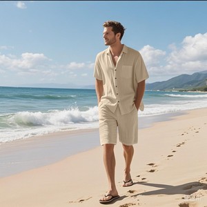 American-style Summer Suit Men's Short-sleeved Short Pants Linen Beach Casual Short-sleeved Shirt <b>Set</b> - Product Image 1