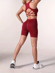 Custom <b>Hot</b> <b>Red</b> Shoulder Cutout Ribbed Crop Top and Biker Shorts Set for Women Gym High Quality Stretchy Knit Fabric - Product Image 2