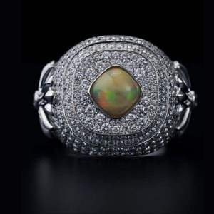 Silver Opal and Moissanite <b>Iced</b> Out <b>Ring</b> Oval Center Stone Pave Band Statement Jewelry for Men - Product Image 3