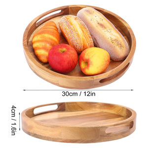 Lot de 2 plateaux de service ronds en bois d'acacia avec poignées pour table basse, salon et décoration de salle à manger. - Product Image 3