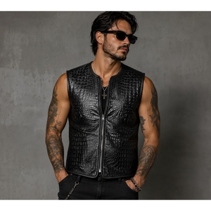 Gilet de motard en cuir véritable de vachette gaufré crocodile pour homme, fermeture éclair avant, noir, luxe, pour la moto - Product Image 5