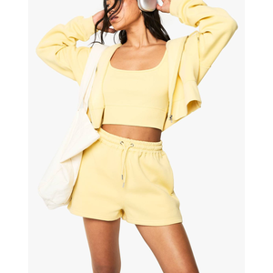 Custom Women Crop Hoodie And Sweat <b>Shorts</b> Set Premium Cotton Fleece Gym <b>Lounge</b> Wear OEM ODM - Product Image 5