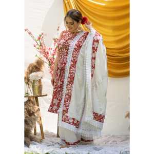 Conjunto de Traje de Algodón y Chifón Transpirable con Estampado Floral Rojo Primavera para Mujer - Talla XS - Product Image 5