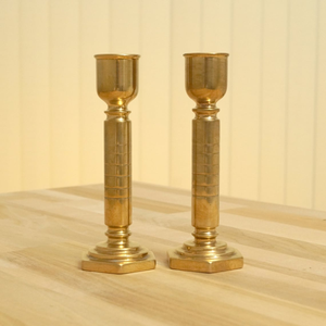 Vintage Solid <b>Brass</b> Small Candle Holder Pair Hexagon Base Decorative <b>Brass</b> <b>Candlestick</b> Stands Compact Taper Candle Holders - Product Image 1
