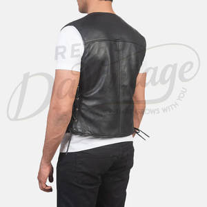 Chaleco de cuero genuino negro para hombre, con cordones laterales, sin mangas, corte ajustado, cuello en V, cremallera frontal, estilo casual, tipo motero. - Product Image 3