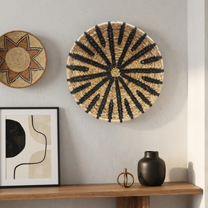 Cesta de pared de macramé de corteza de plátano natural, bandeja redonda poco profunda con diseño de estrella radial y sol negro, decoración de habitación de arte puro, cesto de artesanía boho - Product Image 4