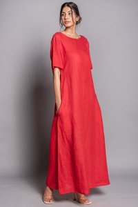Robe longue en lin rouge pour femme, dos profondement encolonné, manches courtes, coupe ample, tenue décontractée bohème pour l'été et les vacances - Product Image 2