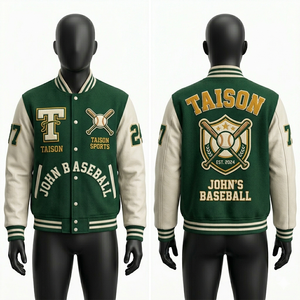 Veste de baseball varsity pour homme, mélange de laine, manches en polaire GSM, panneau vert et blanc, logo brodé en chenille personnalisé, vestes pour homme - Product Image 5