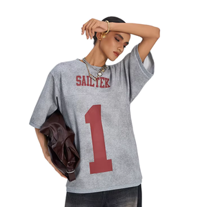 Camiseta de Manga Corta Personalizada con Logotipo, Estampada, de Punto, Lavada, para Mujer, de Alta Calidad, Poliéster/Algodón, Lavado Ácido - Product Image 4