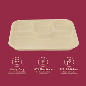 Plateau repas rectangulaire en bagasse à 4 compartiments pour la vente en gros |   Plateau repas jetable en fibre de canne à sucre biodégradable pour restaurants - Product Image 2