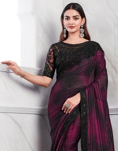 Sari de Fiesta Reversible de Georgette de Seda Adornado, Estilo Bollywood, Sin Arrugas - Product Image 5