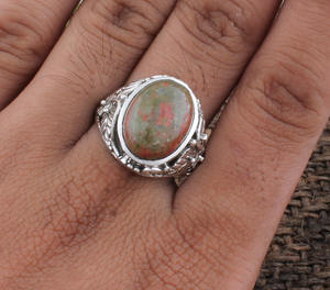 Bague en unakite naturelle, argent sterling 925, pierre précieuse rose et verte, bague du chakra cardiaque, cadeau spirituel pour femmes - Product Image 1
