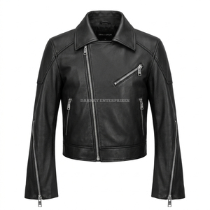 Chaqueta de Cuero Negra Personalizada para Hombre, Estilo Motero, Ajustada, de Piel de Oveja Auténtica, con Cremallera Asimétrica, Proveedor de Abrigos para Motociclistas - Product Image 1