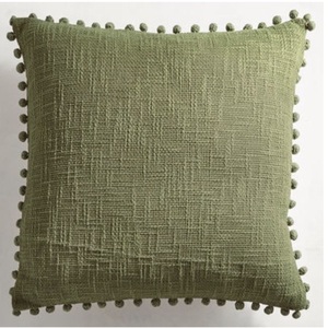 Green Linen <b>Square</b> Throw <b>Pillow</b> with Pom Pom Trim Minimalist Decorative Cushion Washable and Removable Cover - Product Image 1