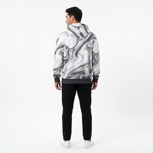 <b>Mens</b> <b>White</b> Gray Pullover Hoodie With Abstract Marble Swirl Print Custom Streetwear <b>Sweatshirt</b> - Product Image 2