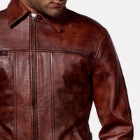 Veste en cuir véritable marron classique pour homme, col rabattu, fermeture éclair, coupe ajustée décontractée, vêtement d'automne