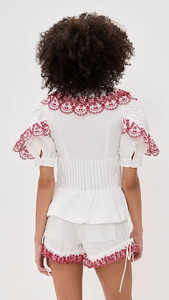 เสื้อครอปสั้นลำลองผ้าชีฟองปักลายดีไซน์เนอร์ล่าสุด ผ้าฝ้ายแท้ แต่งเชือกเก๋ไก๋ ลายปักเรียบหรู 2 ชิ้น - Product Image 4