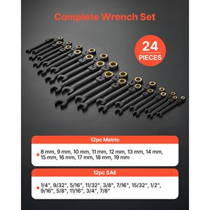 Set di chiavi a cricchetto a testa flessibile da 24 pezzi, 72 denti, in acciaio CRV, con anello a bussola da 17 mm, chiavi combinate metriche e SAE da 12 mm - Product Image 2