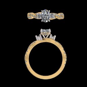 Élégante bague de fiançailles en or jaune 14k 18k avec diamant ovale de 1,54 carat et trois pierres, avec bande pavée torsadée, bijoux de mariage - Product Image 2